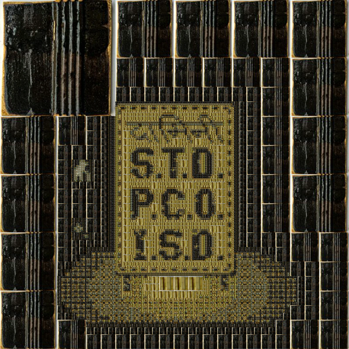 An S.T.D. P.C.O. I.S.D. phone booth sign as a tile mosaic