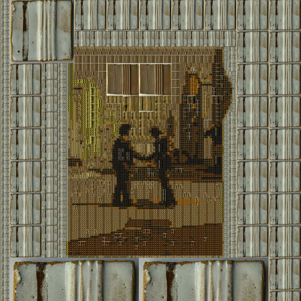 Two figures in a framed scene rebuilt in glazed tiles